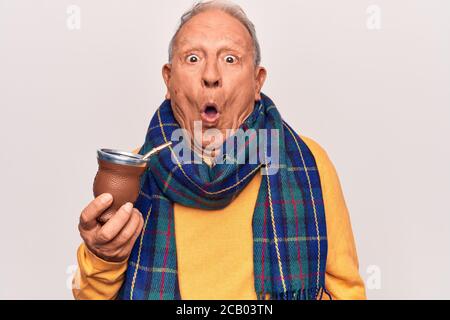 Senior handsome grey-haired man wearing casual scarf drinking cup of mate infusion beverage scared and amazed with open mouth for surprise, disbelief Stock Photo