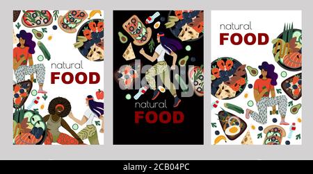 Banners or cards with healthy food and sport woman. Lifestyle for health. Vector cartoon flat illustration. Stock Vector