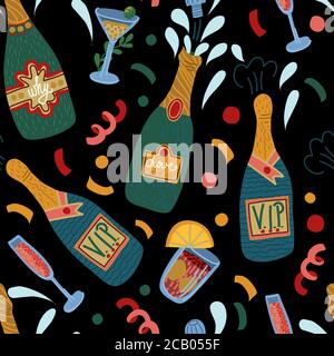 Seamless pattern with bottles of champagne and glasses. Vector. Stock Vector