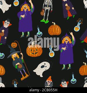 Seamless pattern with Halloween scary elements. Vector cartoon flat illustration. Stock Vector
