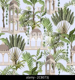 Seamless pattern with jungle trees and ancient arbor. Vector. Stock Vector