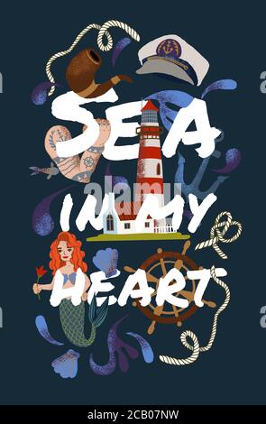 Set of elements with a nautical theme. Mermaid, shells, and bursts of waves. Sea anchor, rope, and smoking wooden pipe. Stock Vector