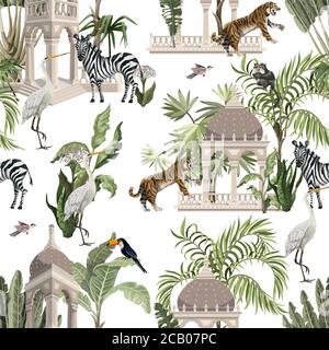 Seamless pattern with ancient arbor and wild animals in the jungle. Vector. Stock Vector