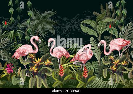 Border with pink flamingo in the jungle. Vector. Stock Vector