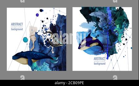 Abstract watercolor banners with blots and whales. Vector. Stock Vector