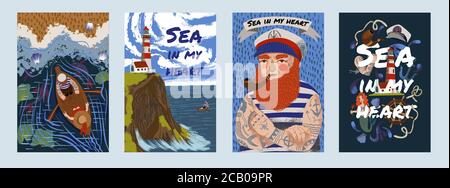 Set of cards with the sea. Sailor, lighthouse, boat trip and marine items. Vector flat cartoon illustration. Stock Vector