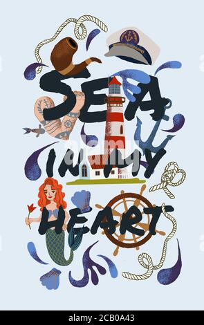 Set of elements with a nautical theme. Mermaid, shells, and bursts of waves. Sea anchor, rope, and smoking wooden pipe. Stock Vector