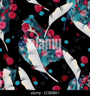 Seamless pattern with watercolor blots and tropical leaves. Vector. Stock Vector