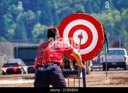 Axe Throwing Competition Event, Loggers Jubilee Celebration Morton, Washington USA Stock Photo