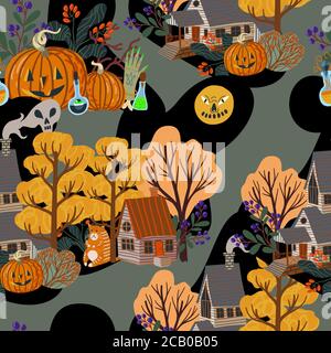 Seamless pattern with Halloween scary elements. Vector cartoon flat illustration. Stock Vector