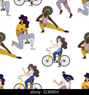 Girls do fitness simple pattern. Gymnastic exercises with dumbbells, cycling, exercises with body weight on a white background. Stock Vector