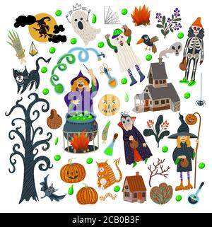 Set of Halloween elements such as monster, pumpkin, dracula, cat, house and other. Vector cartoon flat illustration. Stock Vector