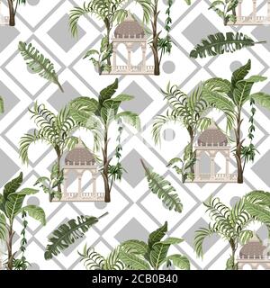 Seamless pattern with jungle trees and ancient arbor. Vector. Stock Vector