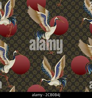 Seamless pattern with circles and cranes. Vector Stock Vector