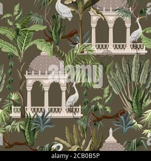 Seamless pattern with ancient arbor and herons in the jungle. Vector. Stock Vector
