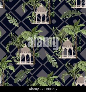 Seamless pattern with jungle trees and ancient arbor. Vector. Stock Vector