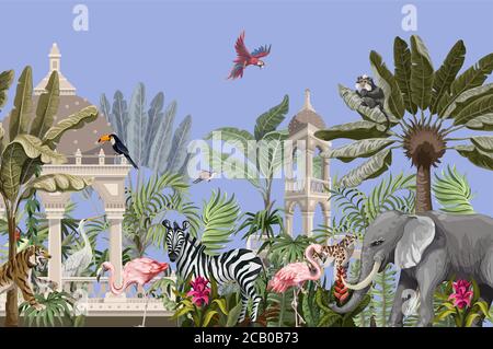 Border with ancient arbor and wild animals in the jungle. Vector Stock Vector