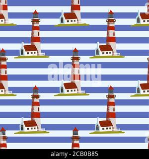 Sea lighthouse on a blue background with black horizontal stripes. Lighthouse light building with red details. Simple pattern for flat design, or Stock Vector