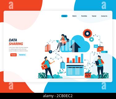 vector cartoon illustration of data sharing technology, remote worker, network industry 4.0, people sending work file. cloud improvement to upload is Stock Vector
