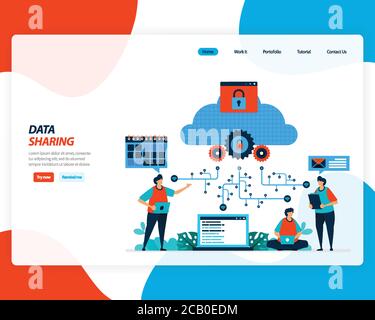 vector cartoon illustration of data sharing technology, remote worker, network industry 4.0, people sending work file. cloud improvement to upload is Stock Vector