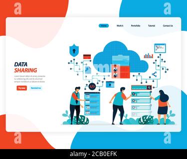 vector cartoon illustration of data sharing technology, remote worker, network industry 4.0, people sending work file. cloud improvement to upload is Stock Vector