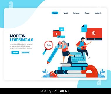 Vector illustration of modern learning 4.0 . efficiency of digital education, learning, schooling. Flat cartoon for landing page, template, ui ux, web Stock Vector