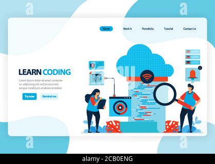Vector homepage for learning programming and coding. Application development with a simple programming language. Flat illustration for landing page, t Stock Vector