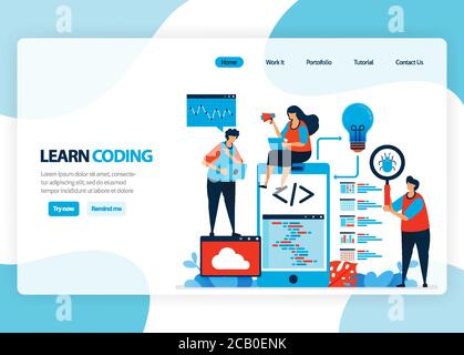 Vector homepage for learning programming and coding. Application development with a simple programming language. Flat illustration for landing page, t Stock Vector