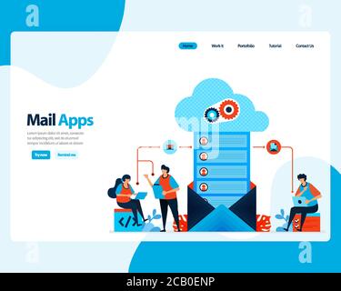 vector landing page of sending, receiving, managing e-mail. work scheduling with digital business e-mail services. illustration for landing page, temp Stock Vector