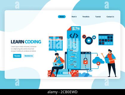 Vector homepage for learning programming and coding. Application development with a simple programming language. Flat illustration for landing page, t Stock Vector