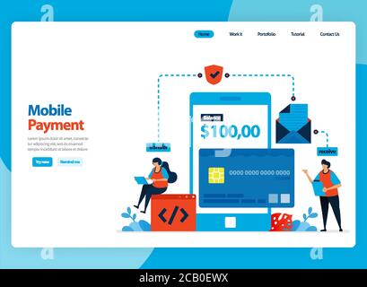 Landing page vector design for mobile payment system and cashless protection technology. Flat cartoon illustration for landing page, template, ui ux, Stock Vector
