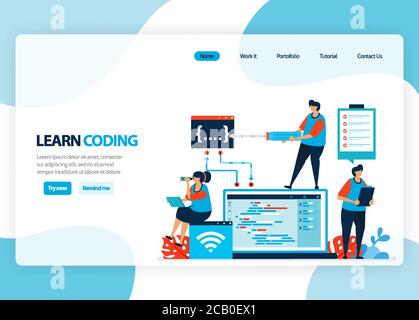 Vector homepage for learning programming and coding. Application development with a simple programming language. Flat illustration for landing page, t Stock Vector