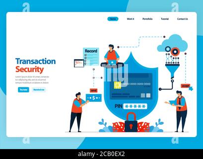 Landing page vector design for transaction security and customer data encryption process. Flat cartoon illustration for landing page, template, ui ux, Stock Vector