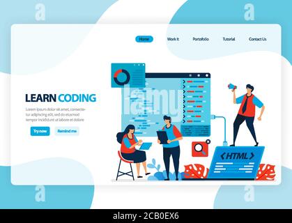 Vector homepage for learning programming and coding. Application development with a simple programming language. Flat illustration for landing page, t Stock Vector
