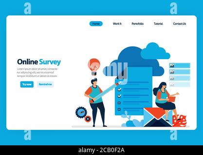 Landing page design for online survey and exam, hosting and server services to process survey results to big data and databases. Flat illustration for Stock Vector