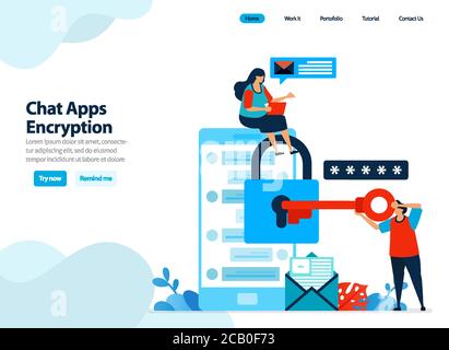 website design of chat apps encryption and mobile security. secure personal data by protecting smartphone. Flat illustration for landing page template Stock Vector