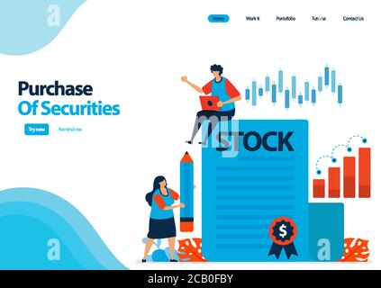 landing page template of purchase of securities and bonds. investment in securities. proof of documents of debt securities and shares. illustration fo Stock Vector