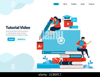 website design of video tutorials and webinar digital courses. learning and training with videos and ebooks. Flat illustration for landing page templa Stock Vector