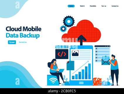 landing page template of backup mobile work data and personal documents to cloud computing. mobile online secure with cloud technology. illustration f Stock Vector
