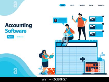 landing page template of accounting software with a worksheet to making of balance sheet. spreadsheet software on computers and laptops. illustration Stock Vector