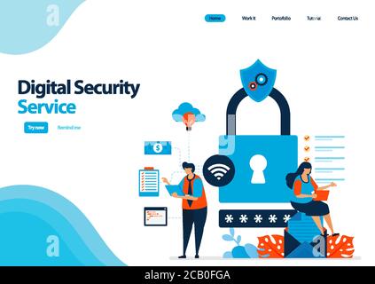landing page template of digital security service to protect access and use of digital facilities. multiple security with a password. illustration for Stock Vector