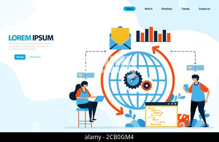 Vector illustration of internet loading system. mechanism for circulation of sending email and data with coding. designed for landing page, template, Stock Vector