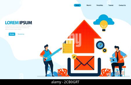 Vector illustration of uploading graphic design. send email to cloud. internet network illustration. designed for landing page, template, ui ux, websi Stock Vector