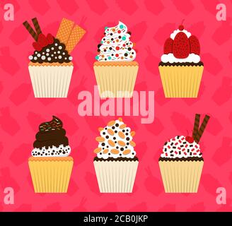Cupcake Design Illustrations With Various Girly Decorations And Toppings. Sweet Cupcake With Chocolate Topping, Nuts, Wafers, Waffles, Melted Chocolat Stock Vector
