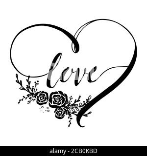 Vector freehand typography. letters 'love' in heart shape made on black color on the white background. Design for poster, greeting card, photo album. Stock Vector