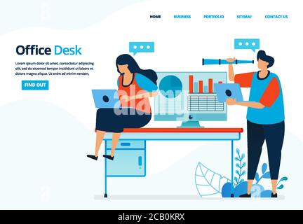 Vector human illustration of office desk. People are working in an office or coworking space. Can use for landing page, template, mobile app, poster, Stock Vector