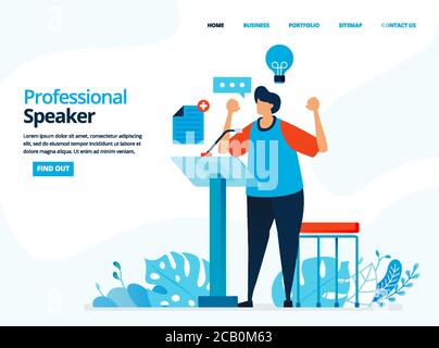Vector human illustration of professional speaker. The man speaking on the podium. Can use for landing page, template, web, mobile app, poster, banner Stock Vector