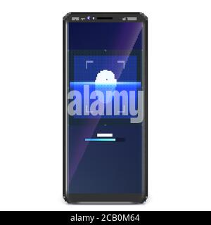 Fingerprint scan on smartphone screen. Concept of biometric access. Concept of security and identity by fingerprint. Vector 3d illustration Stock Vector