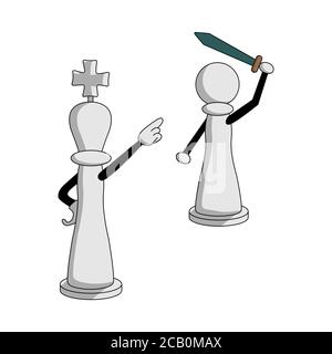 Cartoon white chess pieces. The queen sends a pawn with a sword into battle. isolated vector illustration Stock Vector