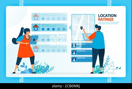 Vector illustration for location rating and home rental. Human vector cartoon characters. Design for landing pages, web, website, web page, mobile app Stock Vector